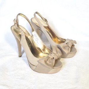 KATE PRESTON Evie 5.5 Nude Satin OpenToe High Heel Platform Slingback Pumps D694